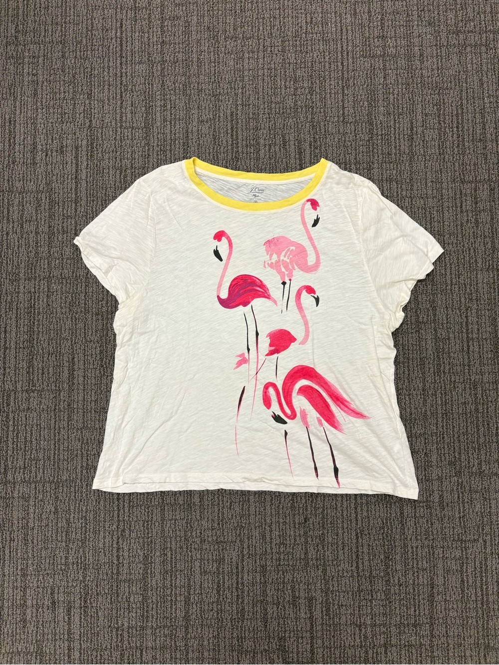J. Crew White Tee with Yellow Trim and Pink Graphic